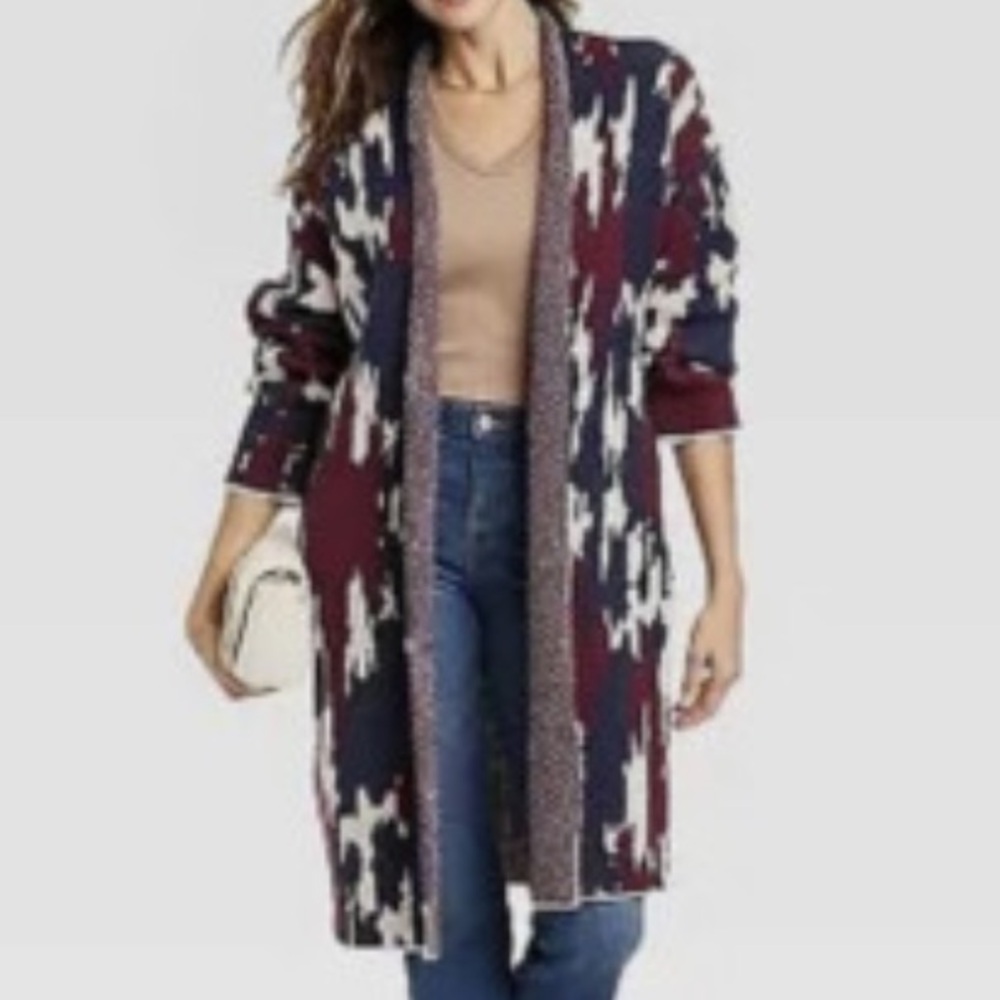 Knox Rose Aztec Long Open Face Dual Pocket Kimono Cardigan M